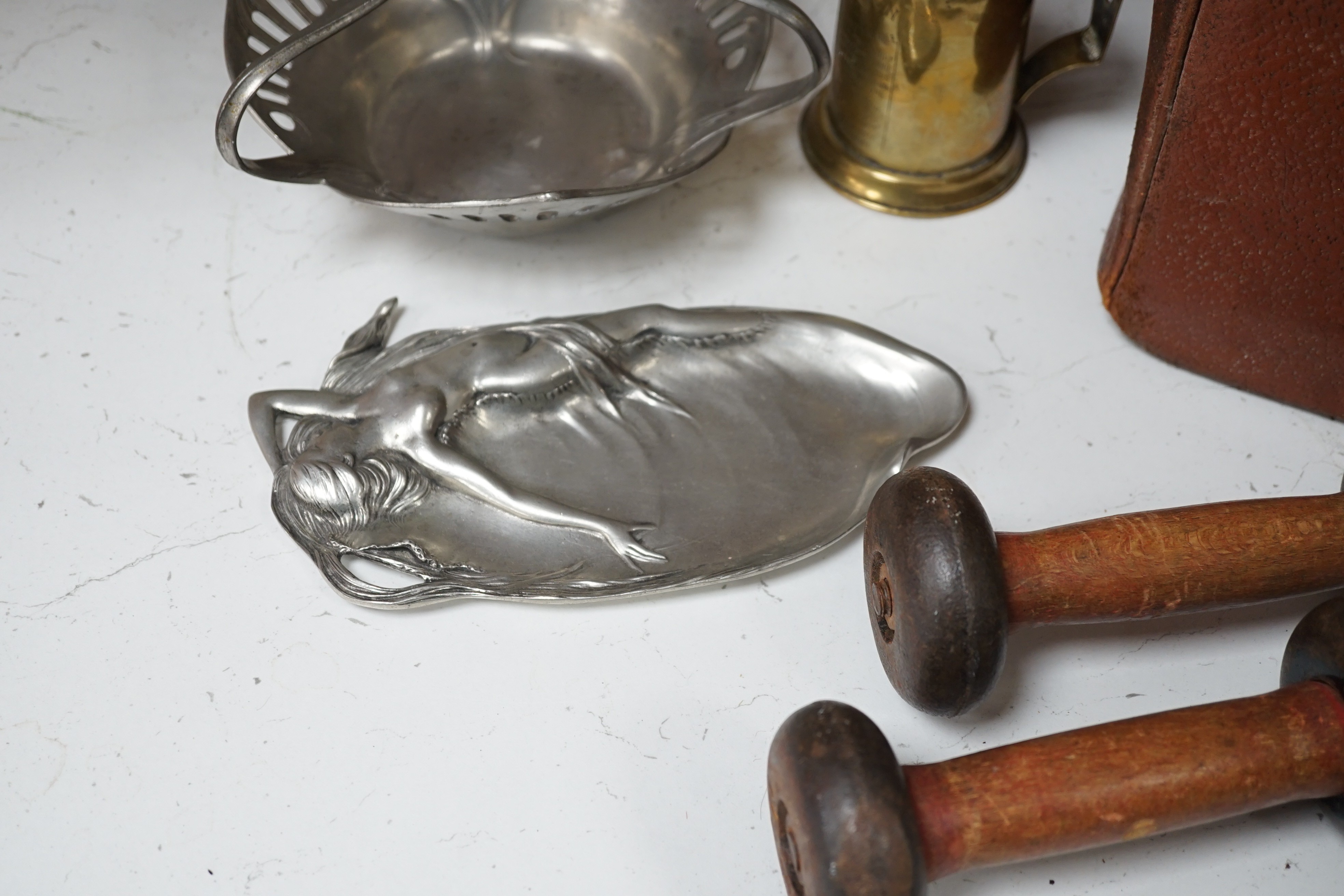 A Gladstone bag, a WMF dish, a globe and various collectibles, bag 36cms wide